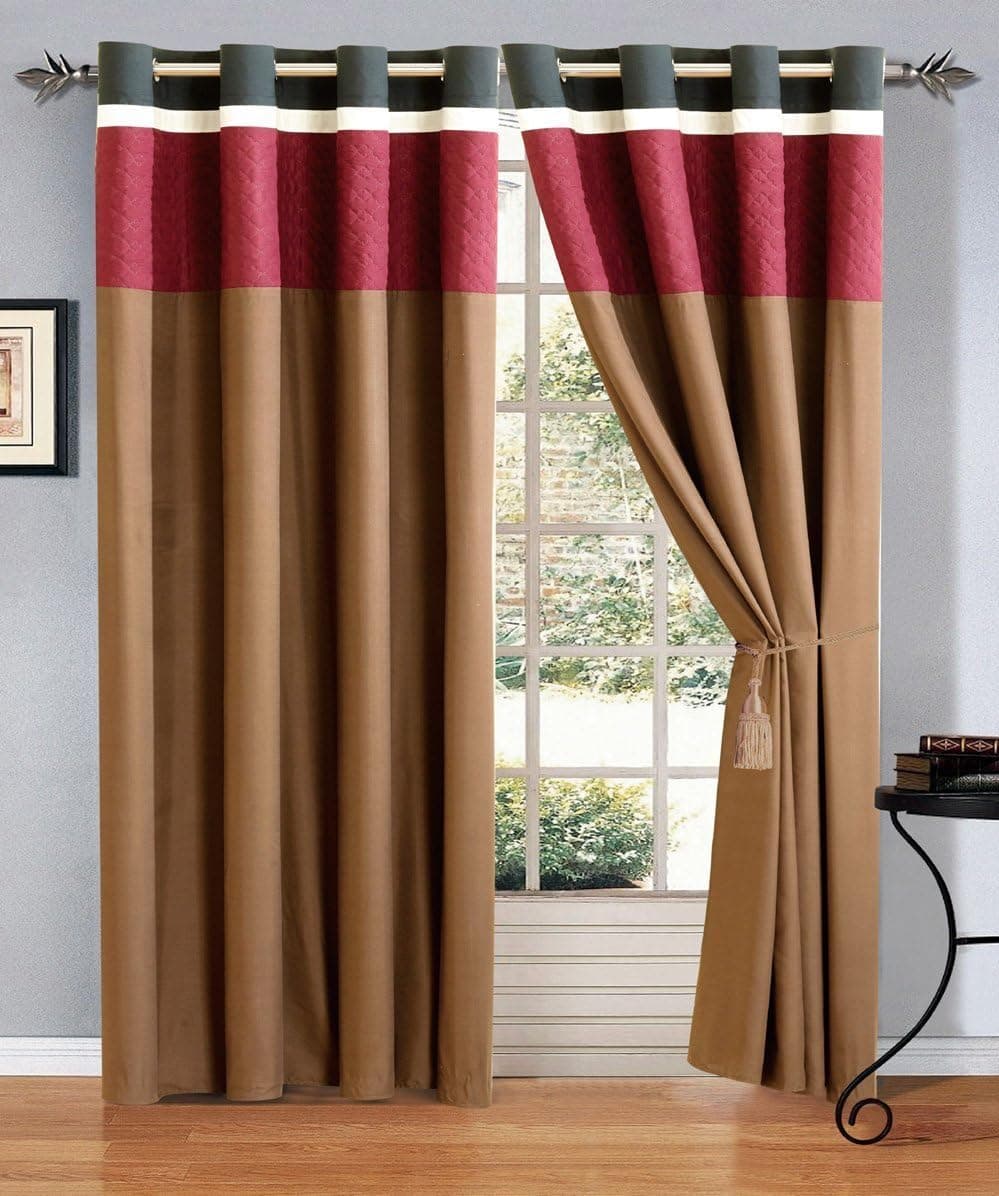 Modern 4 - Piece Burgundy/Brown/Black Embroidered Grommet Curtain Set Drapes/Window Panels 120" Wide X 84" Tall