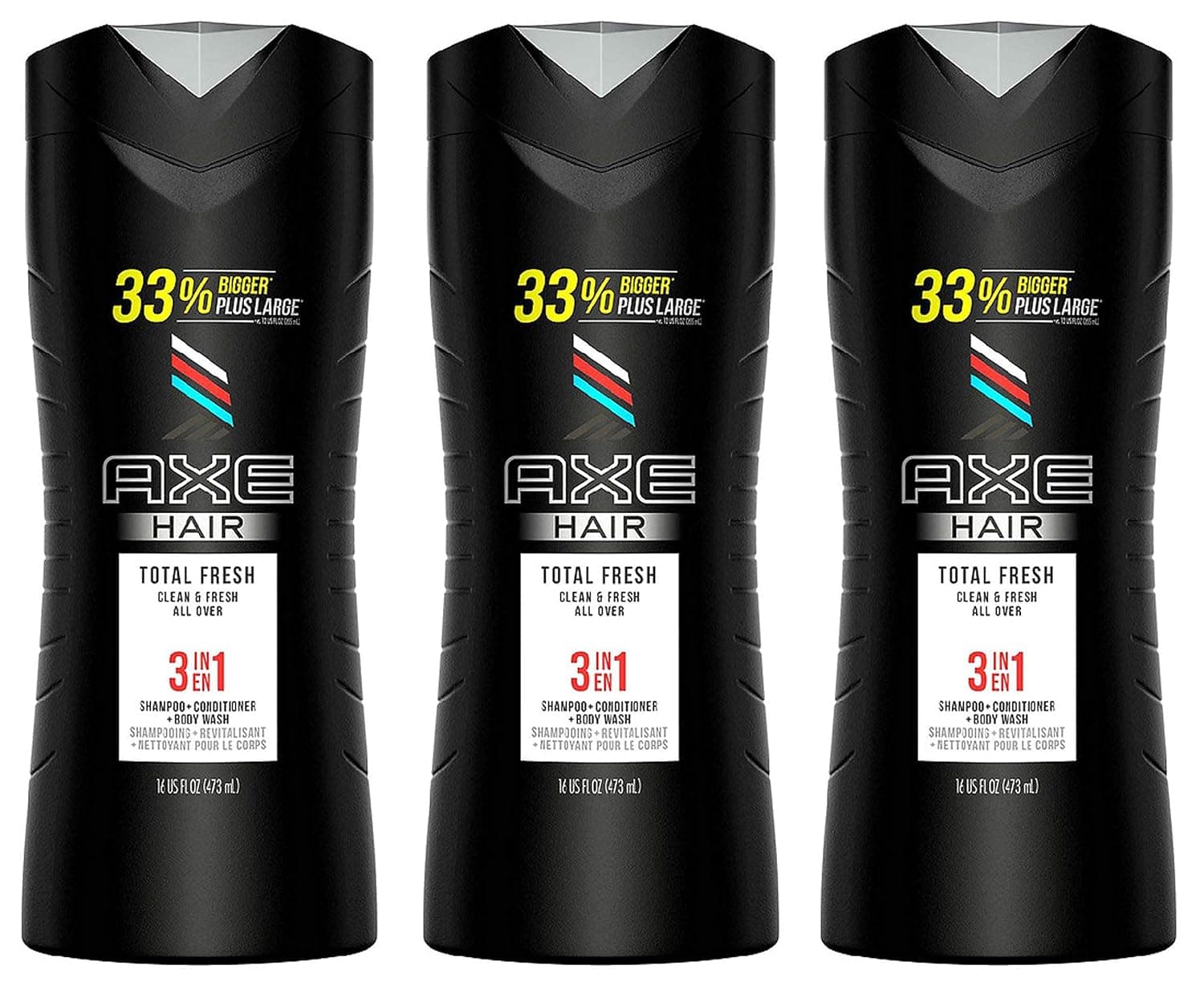 Axe Hair 3 in 1 - Total Fresh - Shampoo + Conditioner + Body Wash - Net Wt. 16 FL OZ (473 mL) Per Bottle - Pack of 3 Bottles