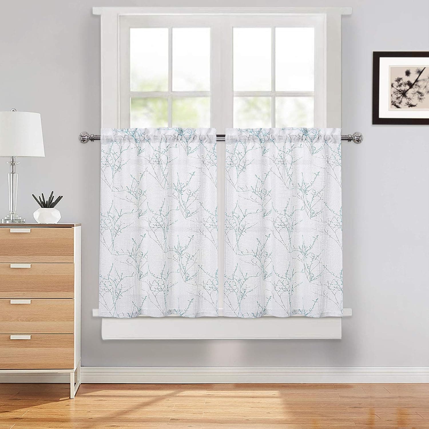 Haperlare Tree Branches Kitchen Curtains 36 Inches Farmhouse Tier Window Curtains Teal Floral Twig Design Cafe Curtains on White Linen Textured Small Half Window Treatment Set Short Curtain, Set of 2