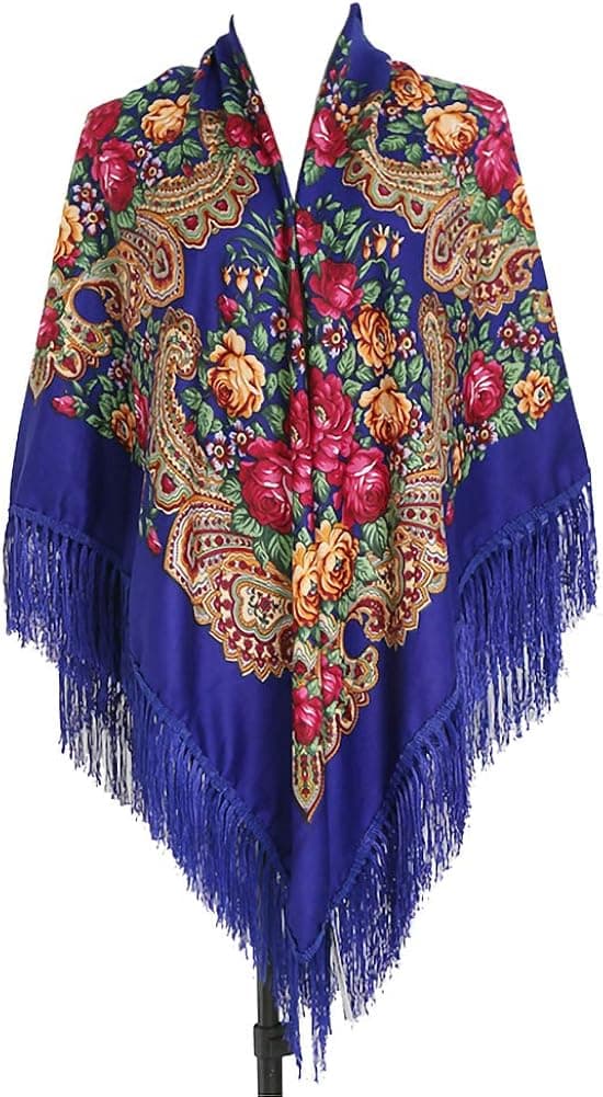 Gudessly 62"*62"Oversized Women's Traditional Retro Scarf Wrap Tassel Fringes Floral Poncho Shawl Printing Shawl