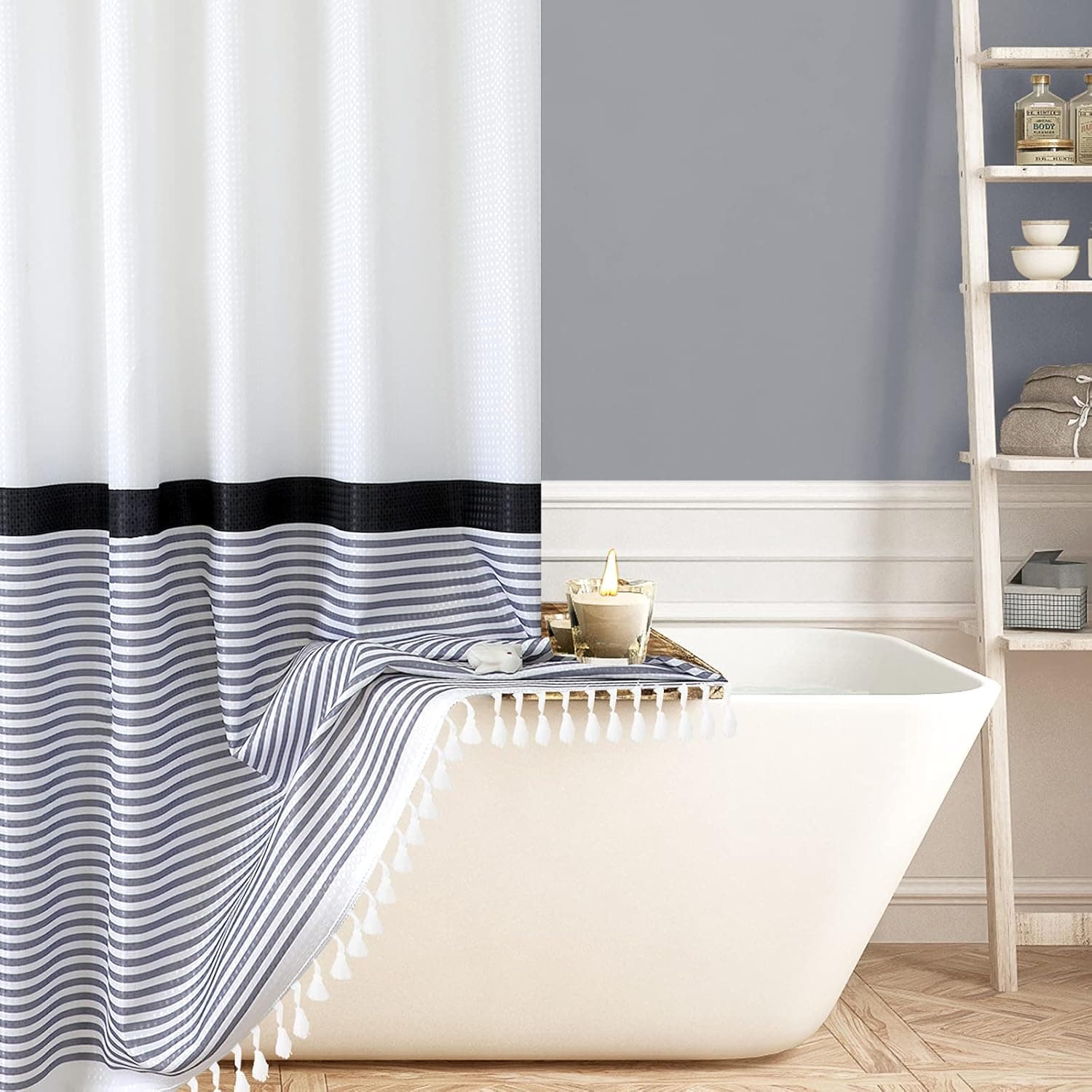 Modern Farmhouse Shower Curtain Set with 12 Hooks Grey Striped Fabric Waffle Shower Curtains Cloth for Bathroom Tassel Fringe Gray Boho Washable Shower Curtain Water Repellent Black Grey 72x78 Inch
