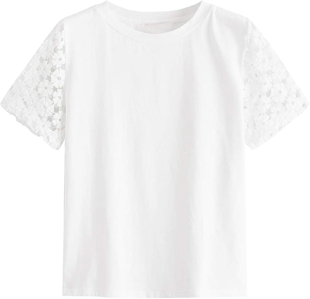 Romwe Women's Solid Hollow Out Embroidered Floral Casual Tee Short Sleeve Elegant Blouse Top