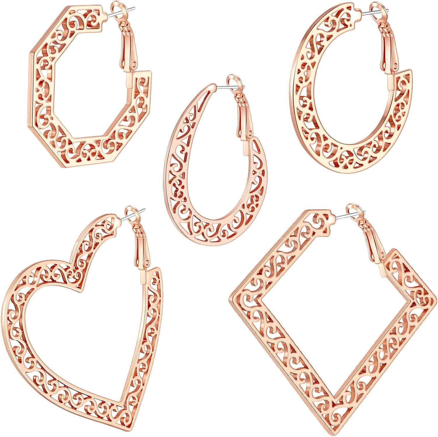 Rhinestone Hoop Earrings Hypoallergenic Geometric Filigree Huggie Bamboo Loop Earrings for Women Girls Set.