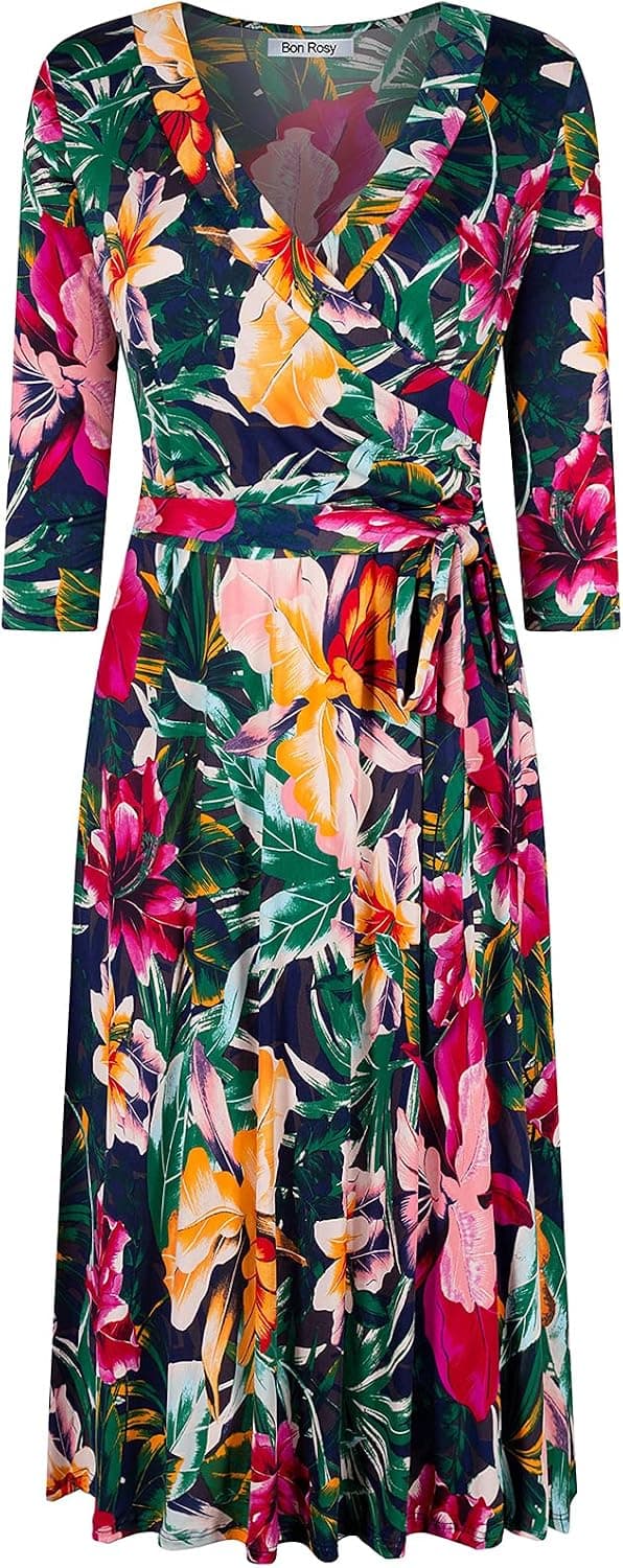 Bon Rosy Women's #MadeInUSA 3/4 Sleeve Faux Wrap Midi Dress Knee Length