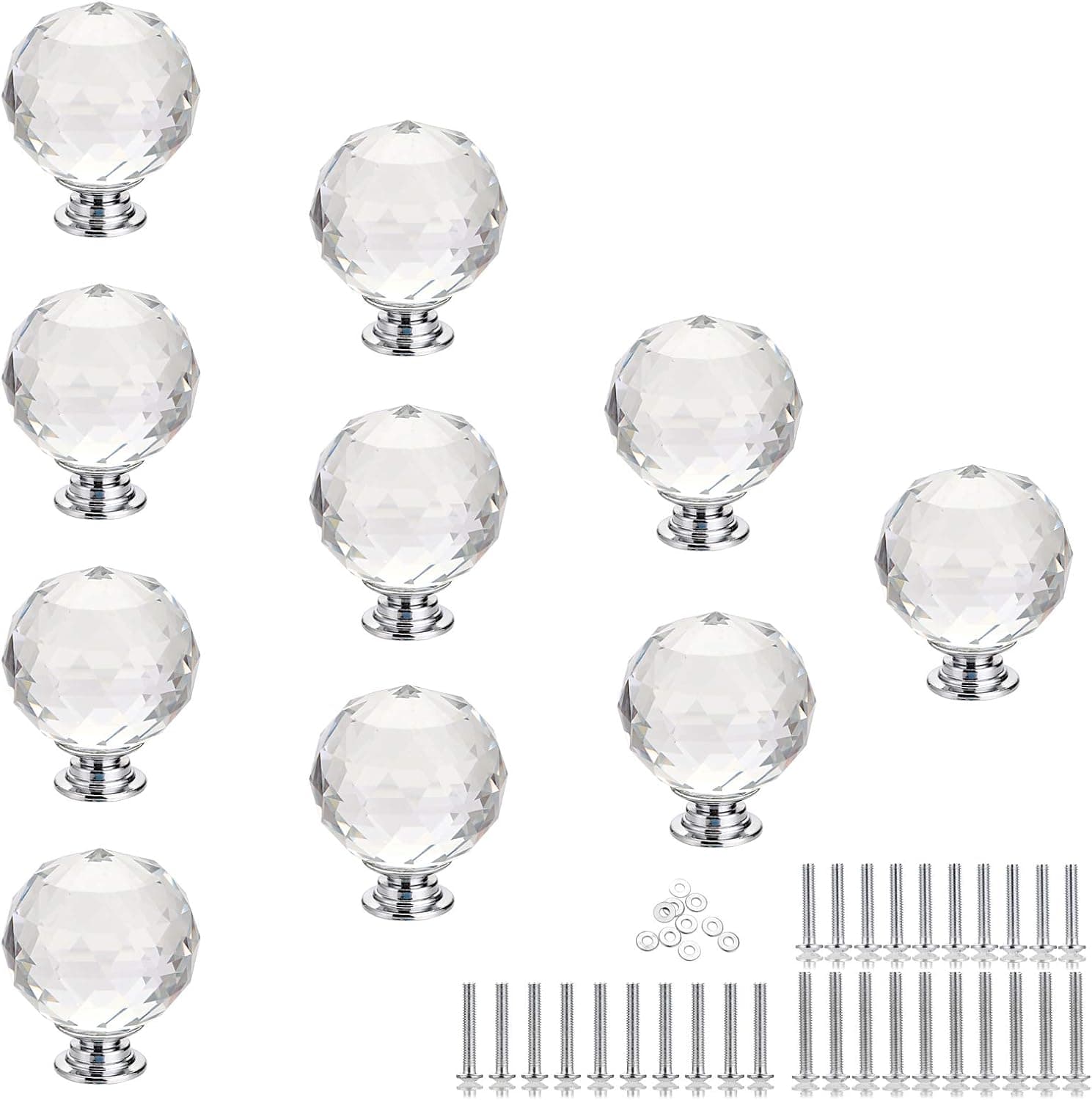 Sumnacon 10 Pcs 40MM Clear Crystal Glass Door Knobs - Round Crystal Wardrobe Drawer Knobs with 3 Kind Screws, Decorative Cabinet Cupboard Pull Knobs for Home Decor