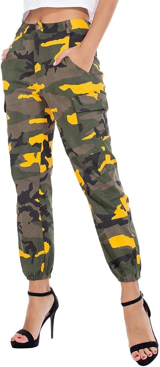 Women Camo High Waist Cargo Jogger Pants Slim Trousers with Side Pockets (Yellow, S)