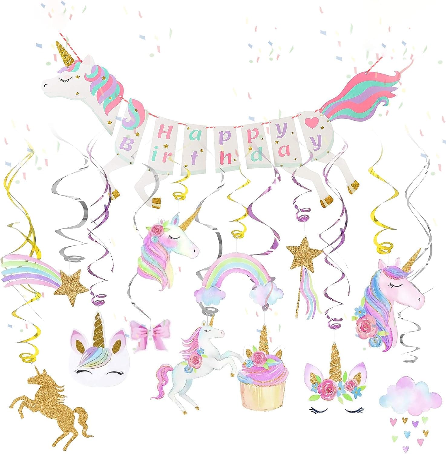 Unicorn Birthday Party Supplies Favors, 42ct Hanging Swirl Decorations and Unicorn Birthday Banner Set, Gold Happy Birthday for Girls Kids Childrens Toddlers