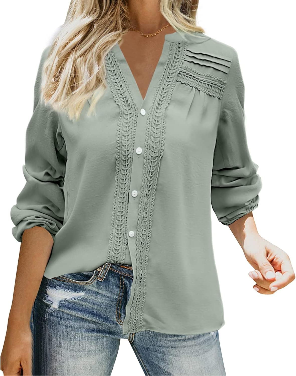 BESFLY Women's Button-Down Blouses Long Sleeve Chiffon T-Shirts for Women Loose Casual Shirts V Neck Top