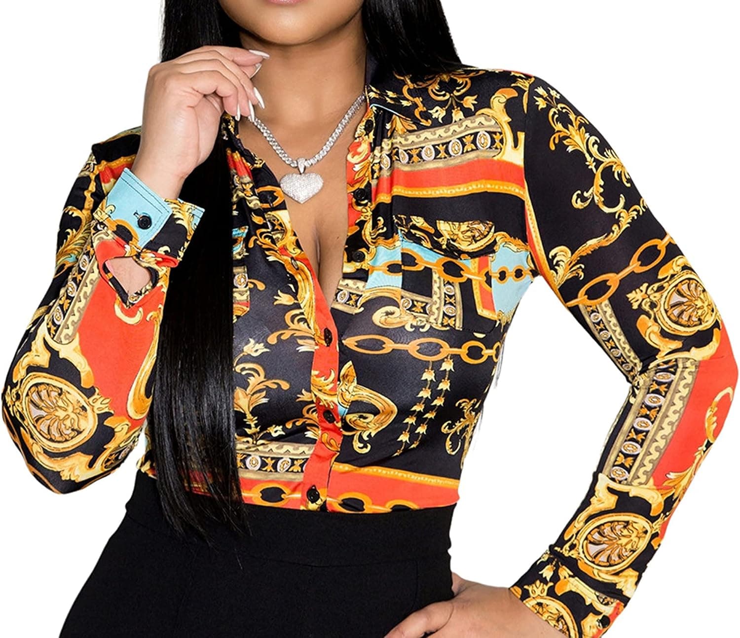 Buchona Outfits for Women Collar Blouses Button Down Shirts Colorful Long Sleeve Floral Print Tops Loose Sexy T-Shirts