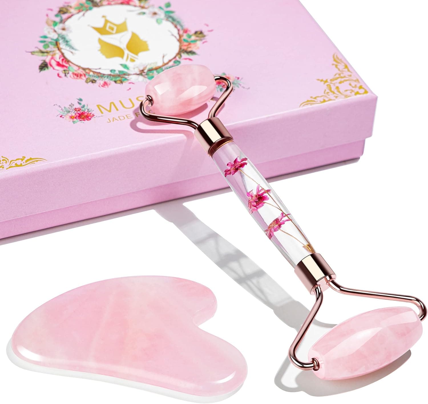 MUSTHEO ELFEYE Guasha Tool for Face, Jade Roller and Gua Sha Set, Pink Facial Roller Skin Care Tool, for Face, Eye Massage (Rose Quartz)