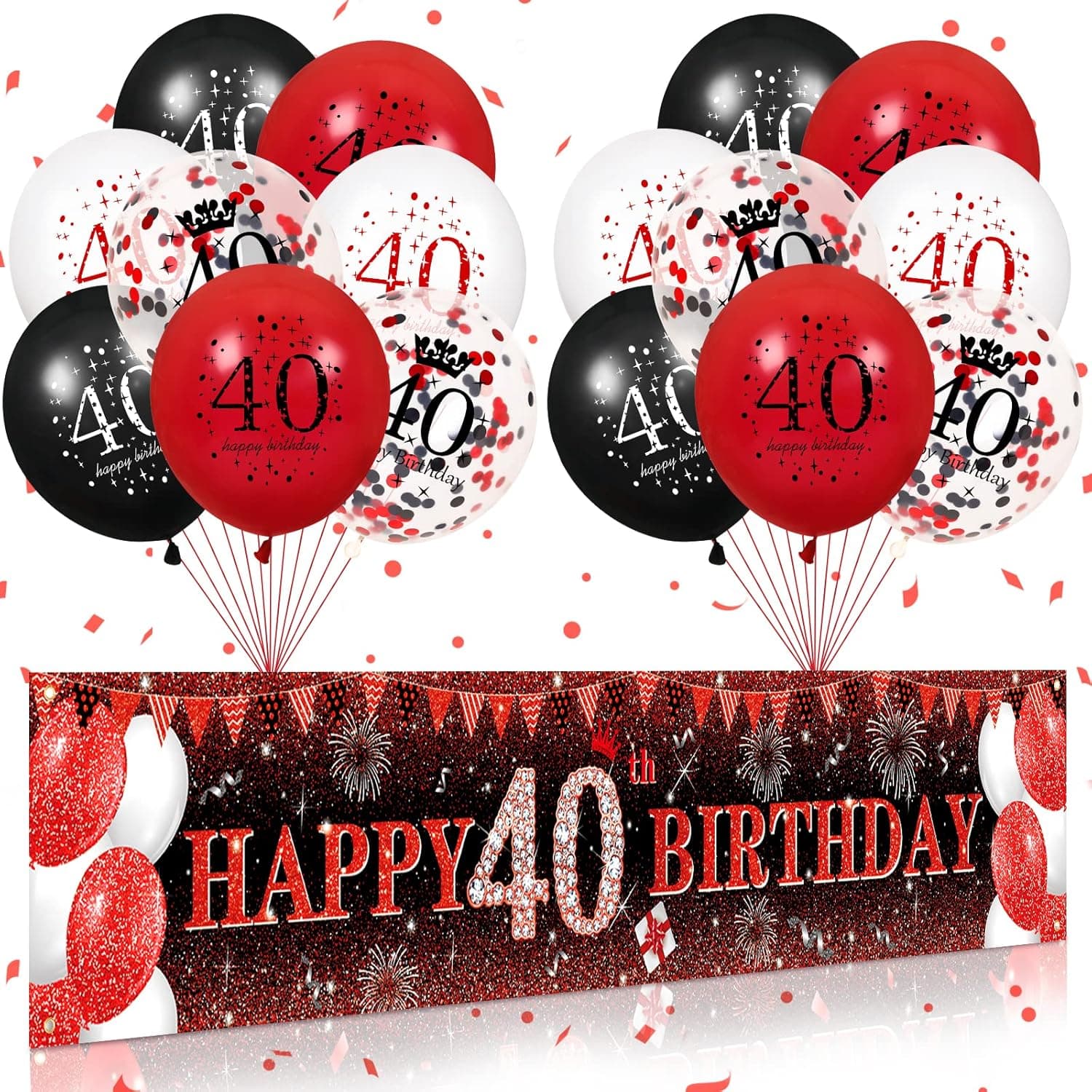 VXTRRI Red 40th Birthday Decorations for Men Women, Red Black Glitter 40th Birthday Banner Yard Sign and 16Pcs Red Black 40th Birthday Latex Balloons for 40th Birthday Anniversary Party Supplies
