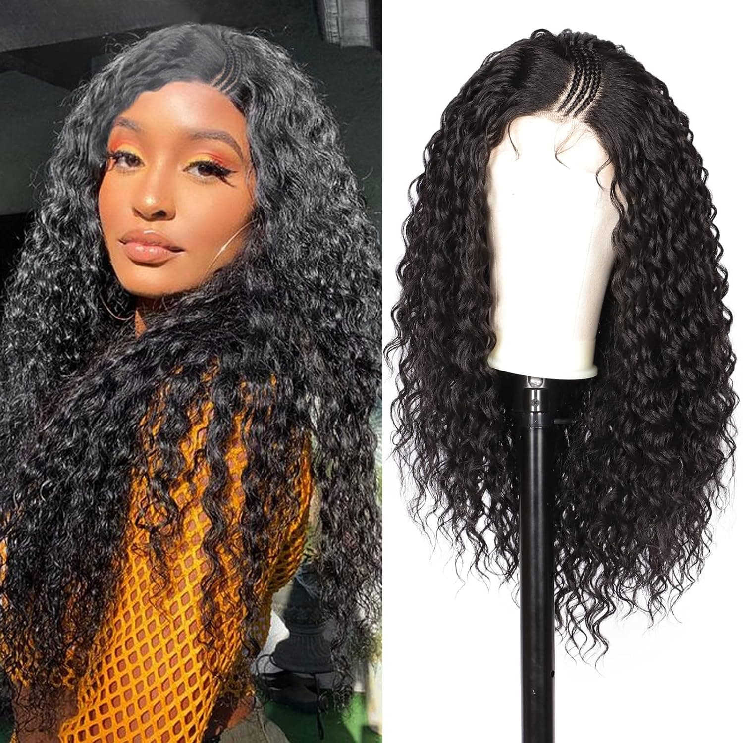 Brinbea 26” Pre Braided Lace Front Wigs with Baby Hair for Women Side Parted Wave Curly Synthetic HD Transparent Lace Frontal Black Braided Wigs