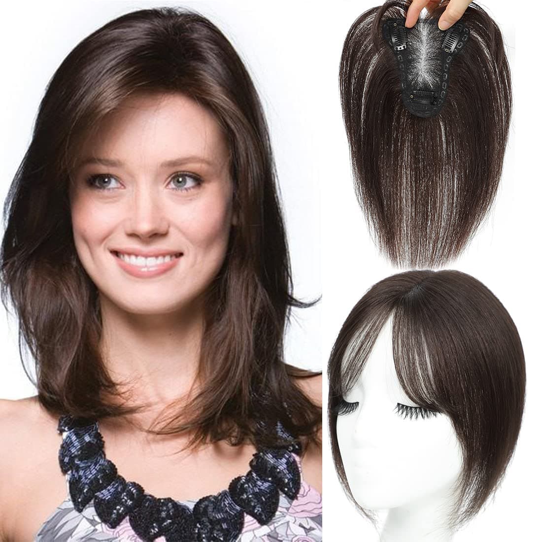 UDU Hair Toppers for Women Real Human Hair Human Hair Toppers with Bangs Clip In Bangs Wiglets Hair Pieces for Women with Thinning Hair Hair Loss Cover Gray Hair