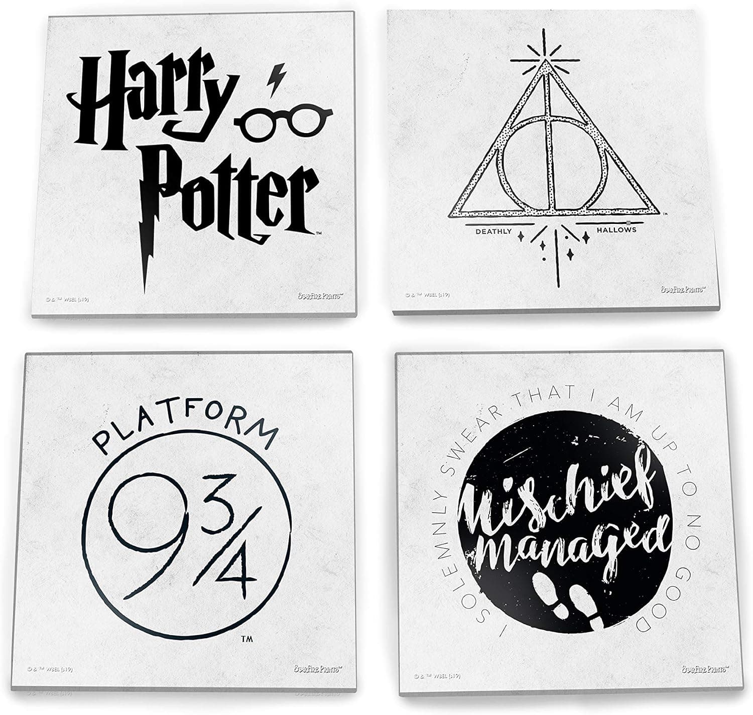 Harry Potter – Symbols – Set of Four 4” x 4” Glass Coasters - Platform 9 ¾ - Deathly Hallows – Marauder’s Map – Comes with Stylish Modern Wooden Coaster