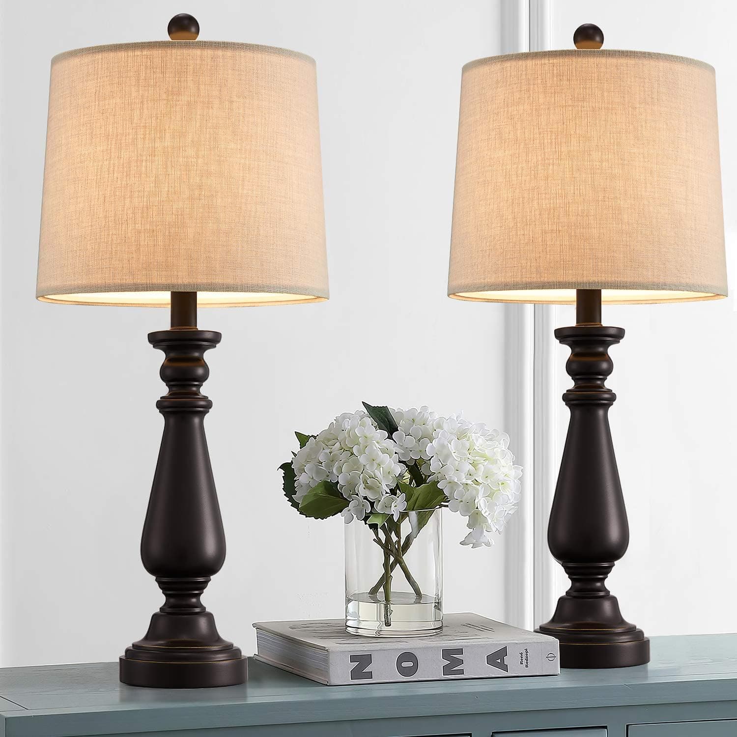 PORTRES 24.5'' Retro style Accent Table Lamp Set of 2 for Living Room Linen Fabric Lampshade Brown Vintage Bedside Nightstand Lamps for Bedroom Kids Room Office Table Lamps