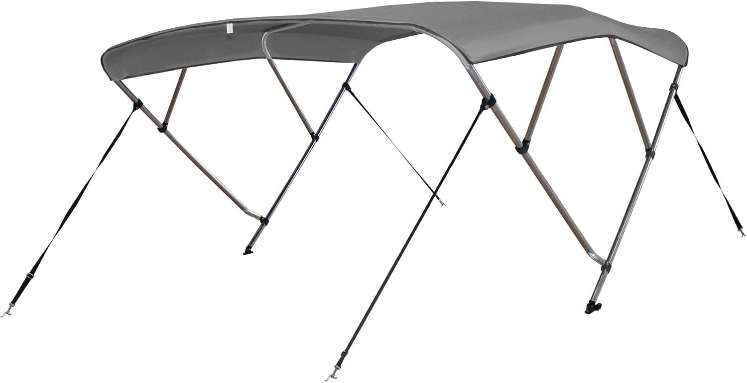 Leader Accessories New Grey 600D Solution Dyed Polyester and 1'' Aluminum Frame 4 Bow Bimini Top Boat Top Cover with Mounting Hardware (8'L×54''H×73''-78''W)