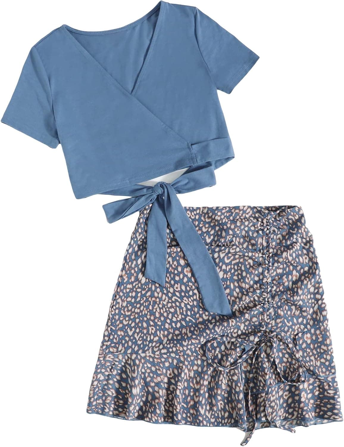 SHENHE Women's 2 Piece Outfits Leopard Wrap V Neck Short Sleeve Crop Top and Skirt Set