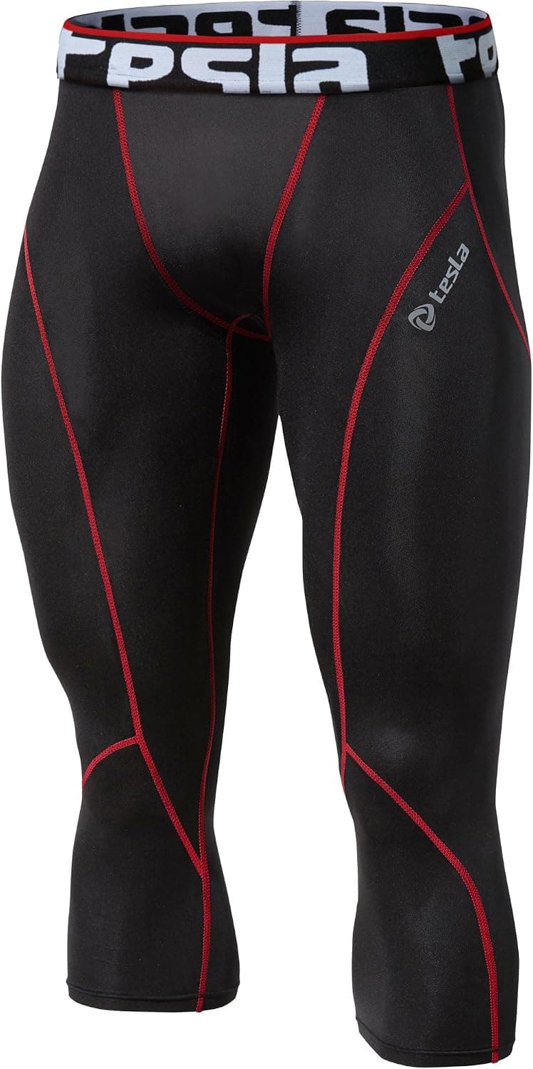TSLA Men's Compression 3/4 Capri Pants Baselayer Cool Dry Sports Running Yoga Tights, Zero(p15) - Black & Red, 2X-Large.