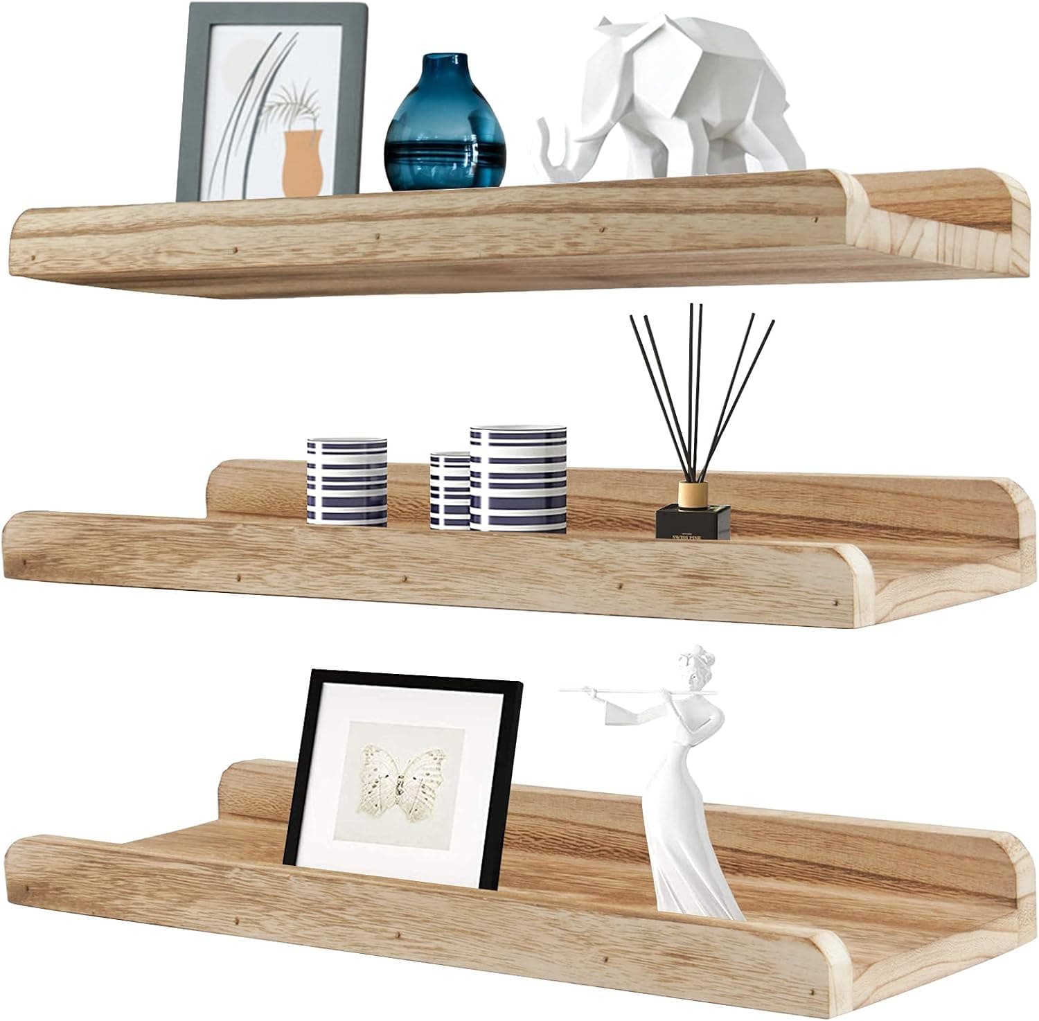 Laerjin 17 Inch Large Floating Shelves for Wall Set of 3, Wall Mounted Storage Shelves, Wall Mounted Nursery Kids Bookshelf, Natural Wood