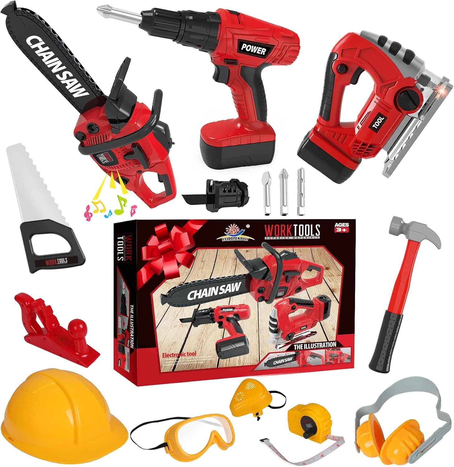 WishaLife Kids Tool Set - Toddler Tool Set with Toy Chainsaw, Electric Toy Drill, Pretend Play Construction Tools Toy Gifts for Kids Toddlers Boys Girls Ages 3 4 5 6 7 8 Years Old