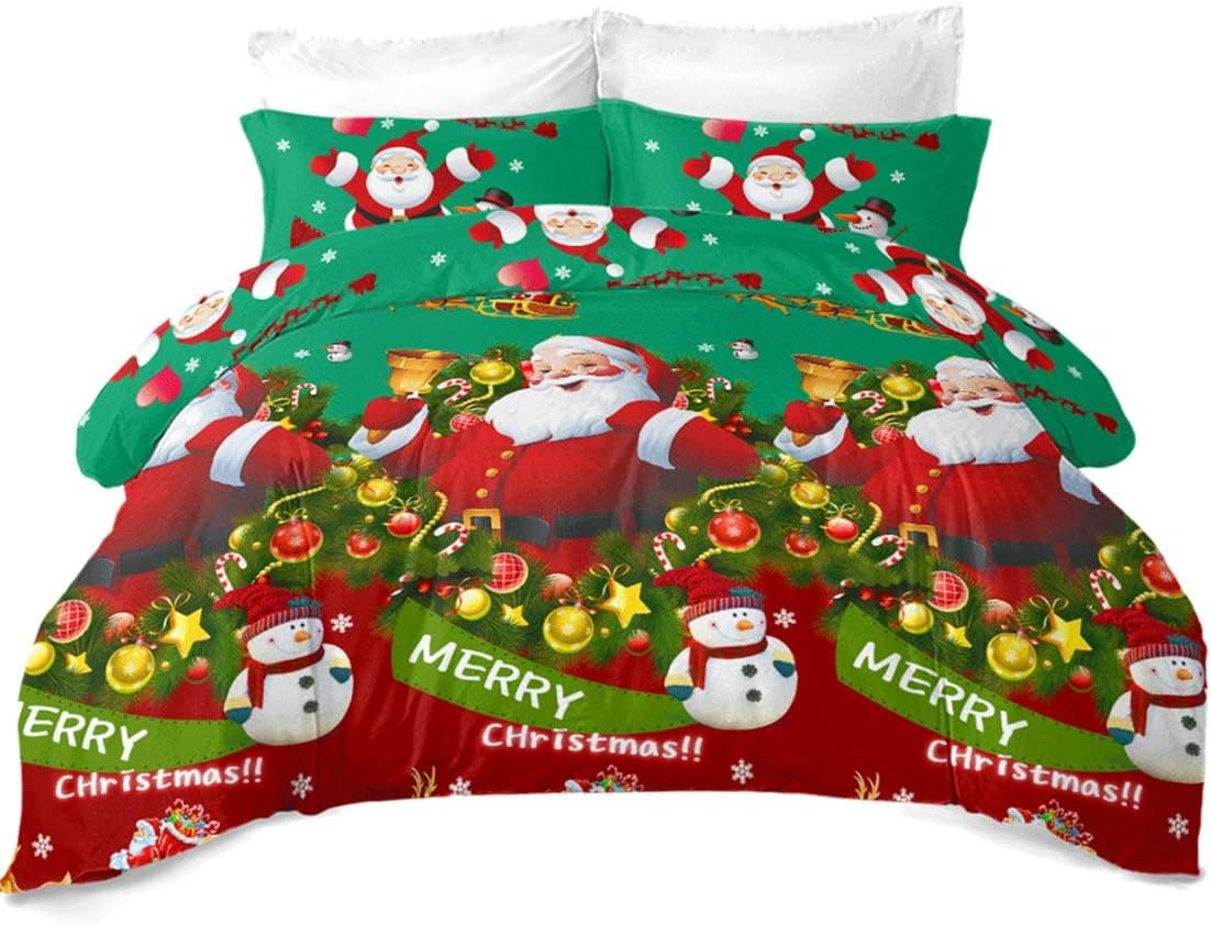 3Pcs Green Christmas Bedding King Size,Snowflake Snowman Santa Claus Duvet Cover Sets Kids Cartoon Festival Bedding for New Year Decoration