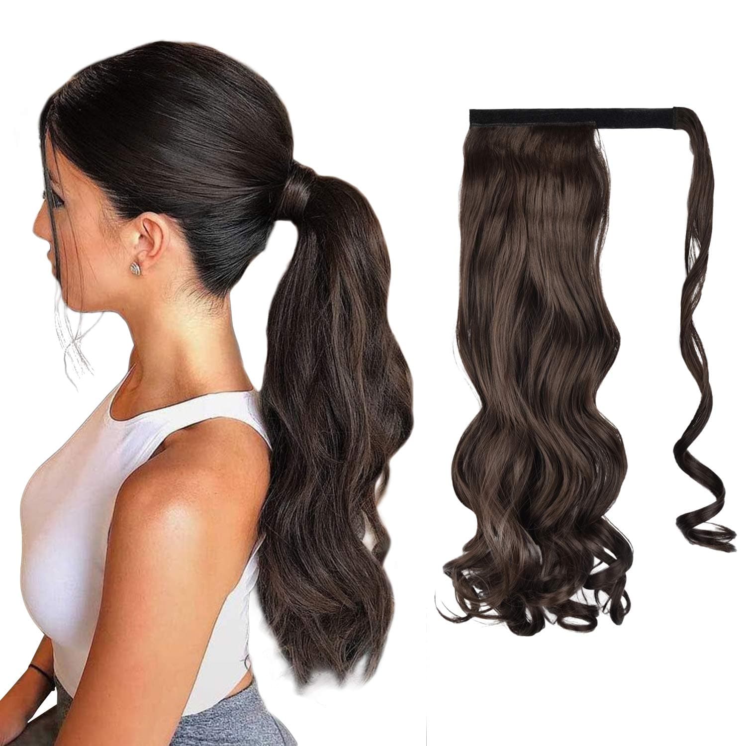 FEHSFEN 21" Curly Wrap Around Ponytail Hair Extensions Long Wavy Clip in Synthetic Hair Ponytail Hairpieces for Women