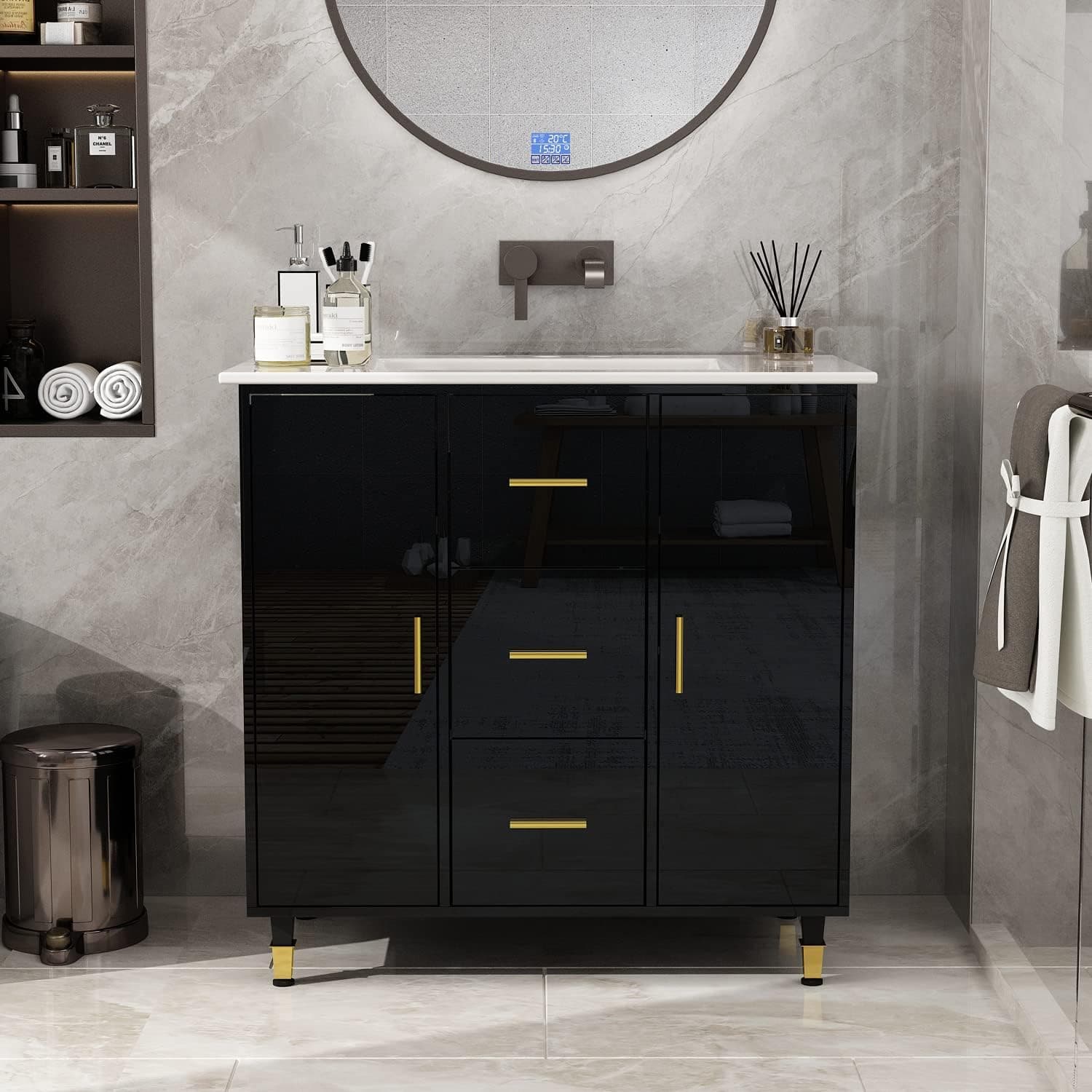 ECACAD Freestanding Bathroom Vanity Storage Cabinet with White Sink, 2 Doors, 3 Drawers & 4 Storage Compartments, Black (35.4”L x 19.1”W x 34.4”H)