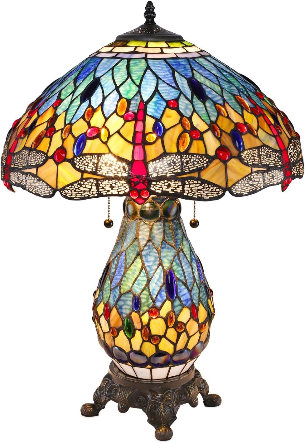 Serena D'italia Tiffany Table Lamp - Dragonfly Antique Desk Nightstand - Blue and Red Glass Nightstand Lamp - 25” Tall Stained Glass Lamp