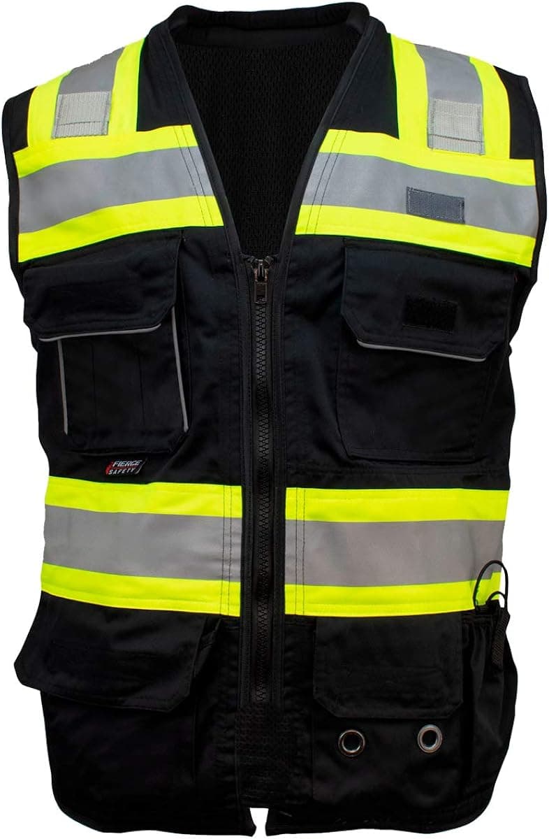 Fierce Safety SU500B Premium Surveyors Class 1 Black Heavy Duty Vest, Tablet Pockets & Neck Padding | 100% Polyester Optimal Breathability | Contrasting Reflective | Meets ANSI Standards