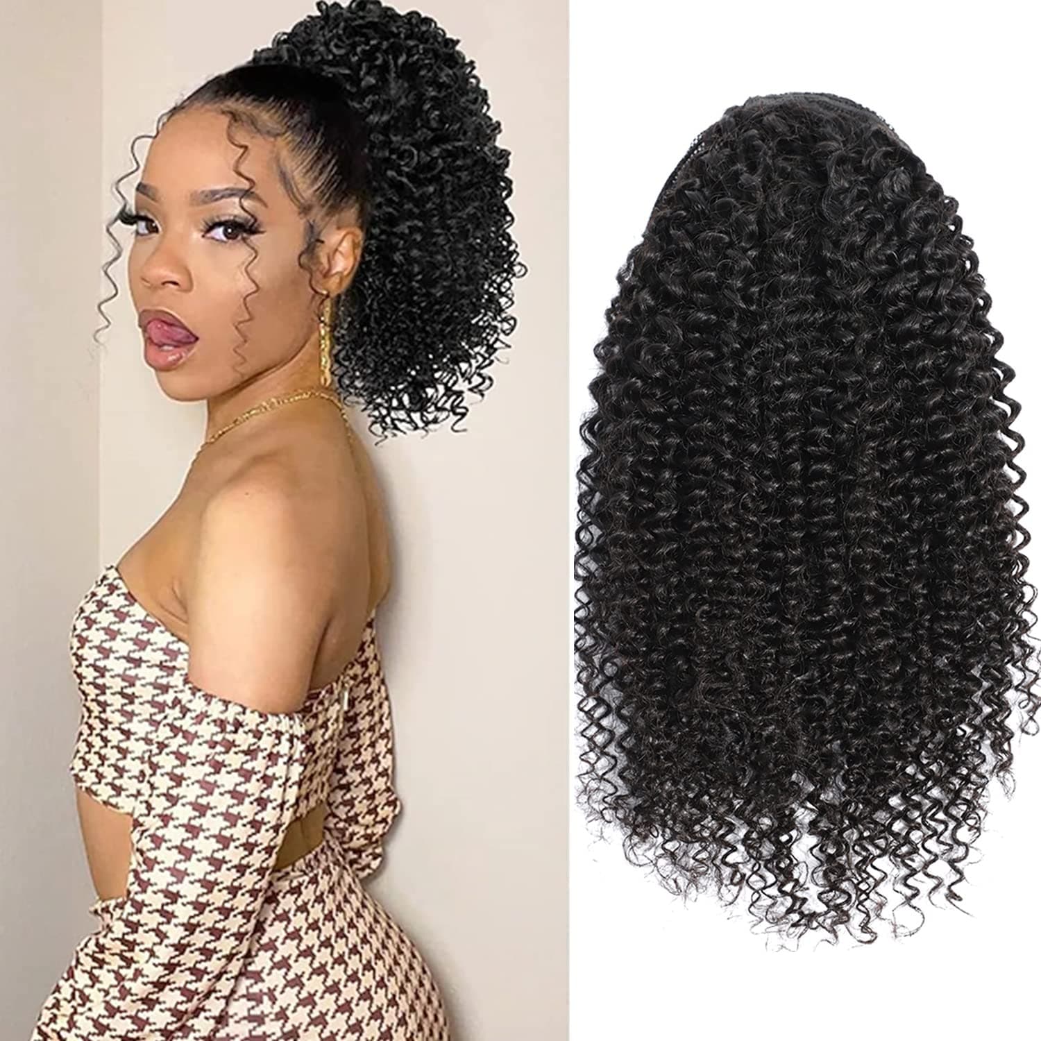 Curly Human Hair Ponytail Extension 3C Drawstring Kinky Curly Ponytail Hairpiece 100% Brazilian Hair Clip in Straight Ponytail Natural Black Afro Curly Ponytail Hair for Women 10 Inch