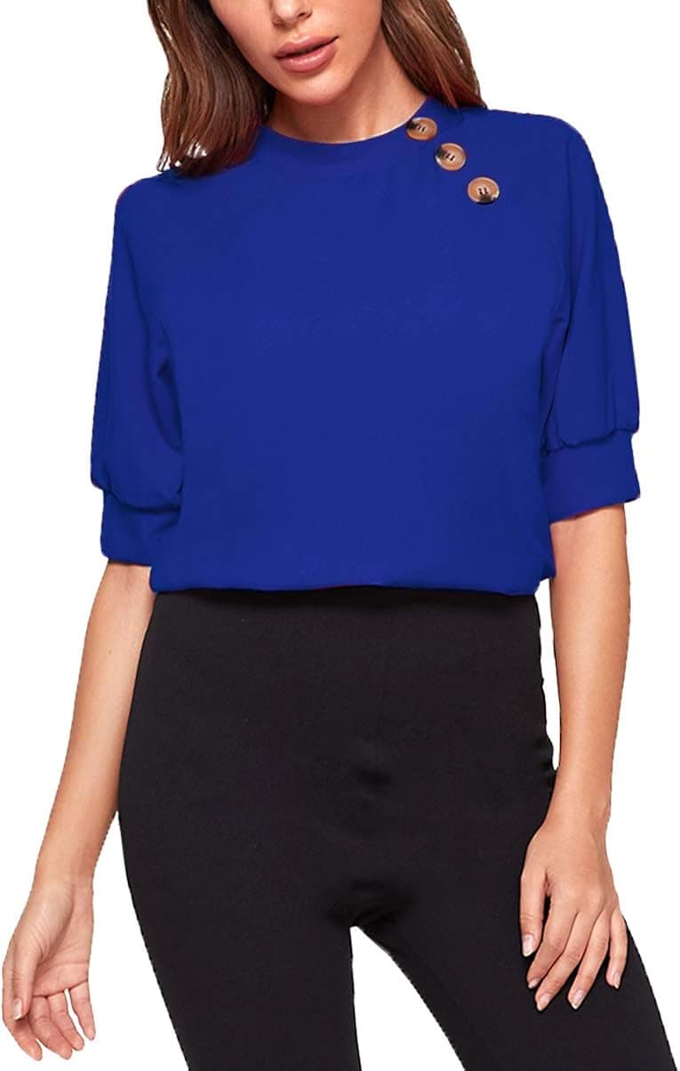 Romwe Women's Summer Casual Puff Sleeve Blouses Loose Tunic Short Sleeve Tops