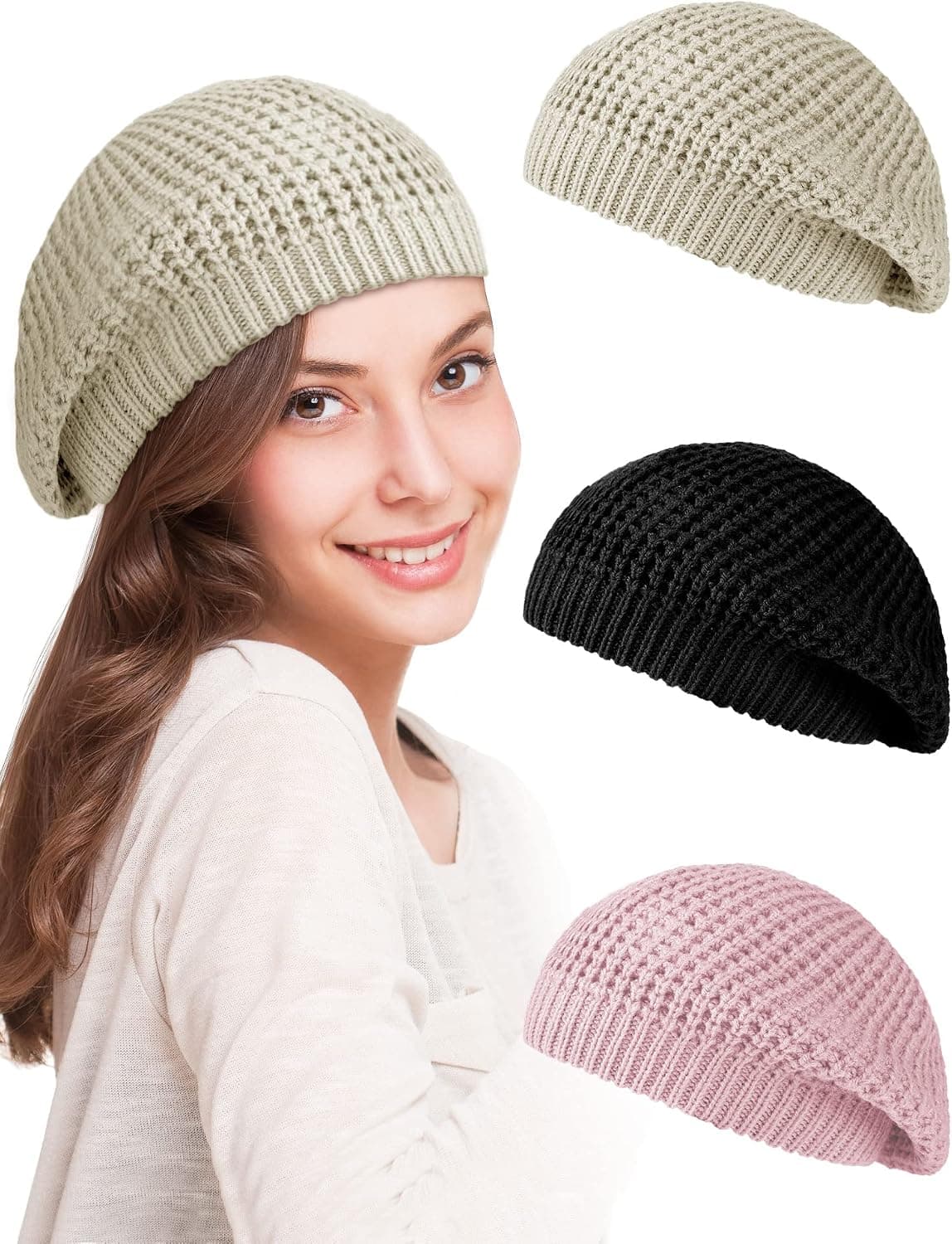 Newcotte 3 Pcs Soft Slouchy Crochet Beret Chic Cutout Beret Hats for Women Lightweight Knit Beanie Caps for Women Girls