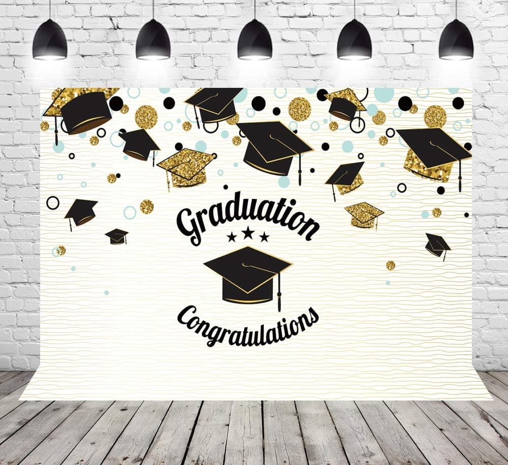 Graduation Congratulations Photography Backdrop Golden Black Graduation Cap Supplies 2019 Graduated Photo Background Photoshoot Studio Props Vinyl 8x6ft W-1415