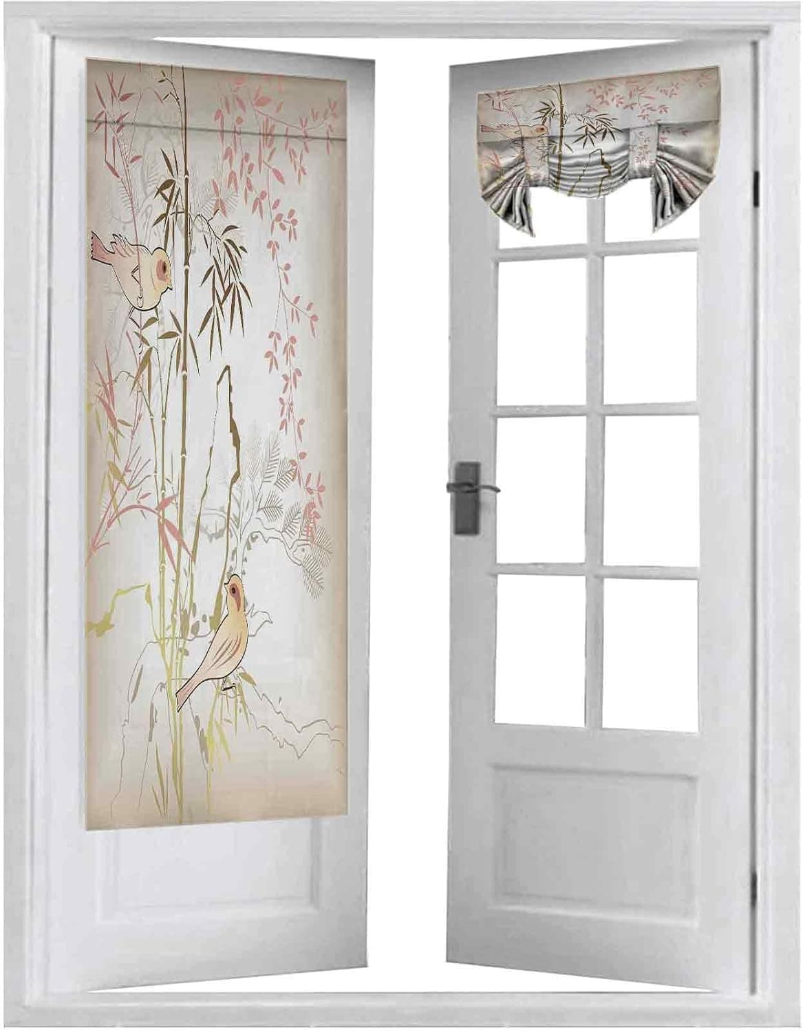 Blackout Curtain for French Doors, Nature Bamboo Leaf and Bird Design Illustration Floral Animal Print, 2 Panel-26" X 68" Tricia Curtain for Door Window Curtains,