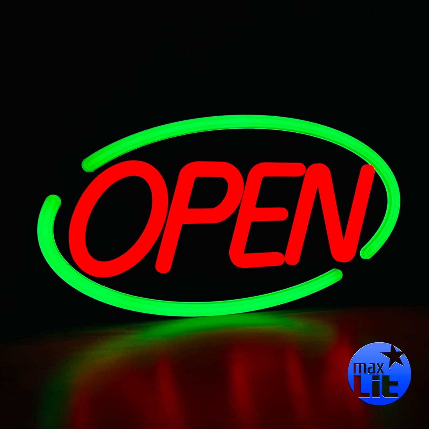 MaxLit- Oval Shaped LED Tube Neon Open Sign -Large Size -24'' X 12'' (Green/Red)