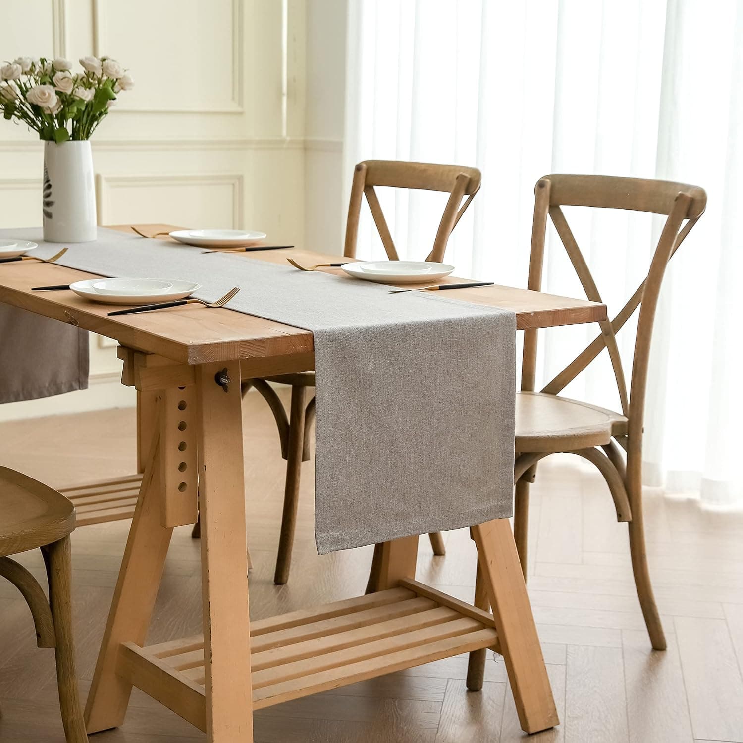 Homease Cotton Linen Table Runner 47 inches Long, Rustic Farmhouse Style for Dinning Room Dresser Bridal Shower Wedding Party Holiday, 47"x 14", Light Grey