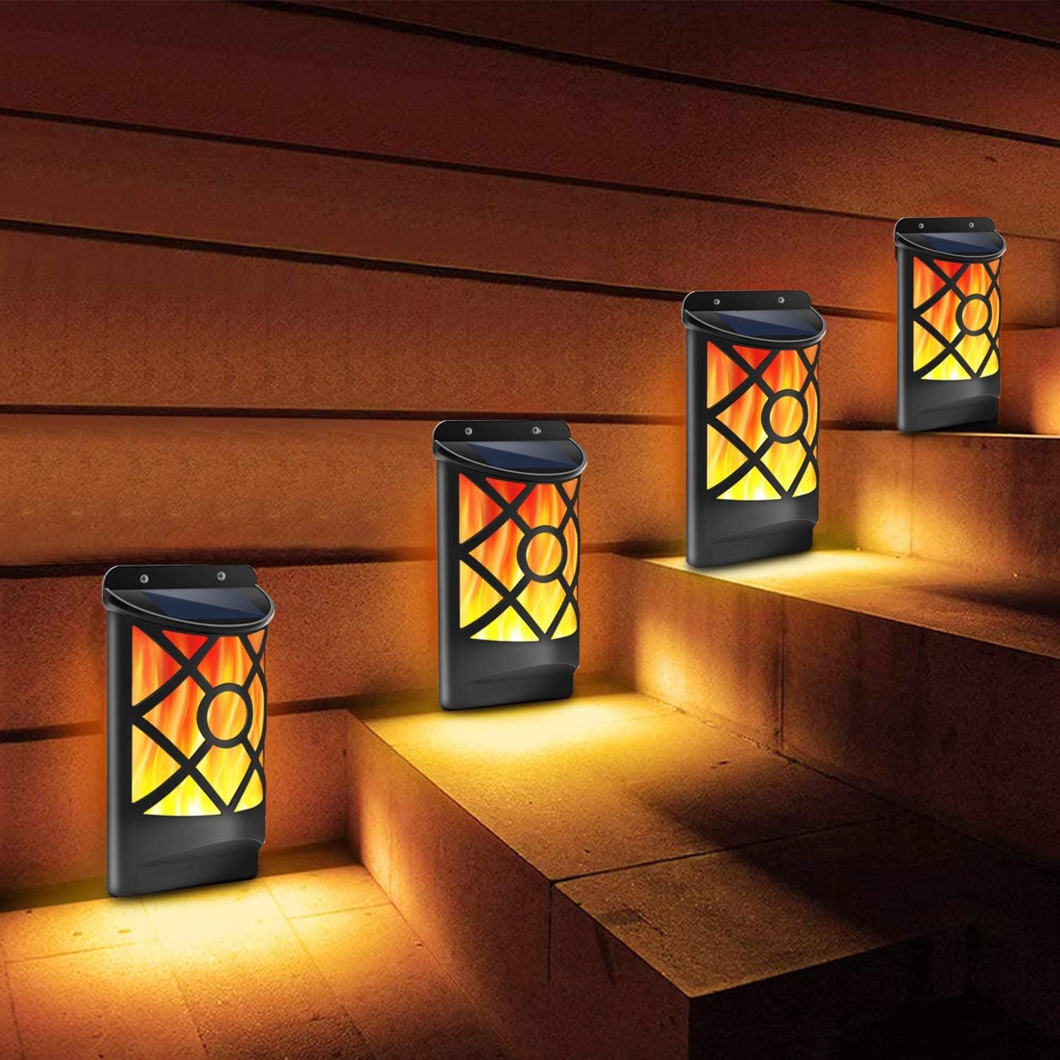 Labensanwa 4 Packs Solar Flame Lights Outdoor Wall Lamp Flickering Flame Waterproof Dark Sensor Auto On Daytime Off, 66 LED Lattice Decorative Night Lights for Garden Pathway Patio Deck Yard