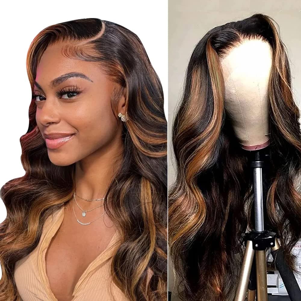 Highlight Lace Front Wig Human Hair Body Wave Ombre Honey Blonde 13x4 Transparent Lace Front Wigs For Black Women Ombre Brown Lace Front Human Hair Wigs 180% Density Colored 20 Inch 1B/30 Highlight Lace Frontal Wig