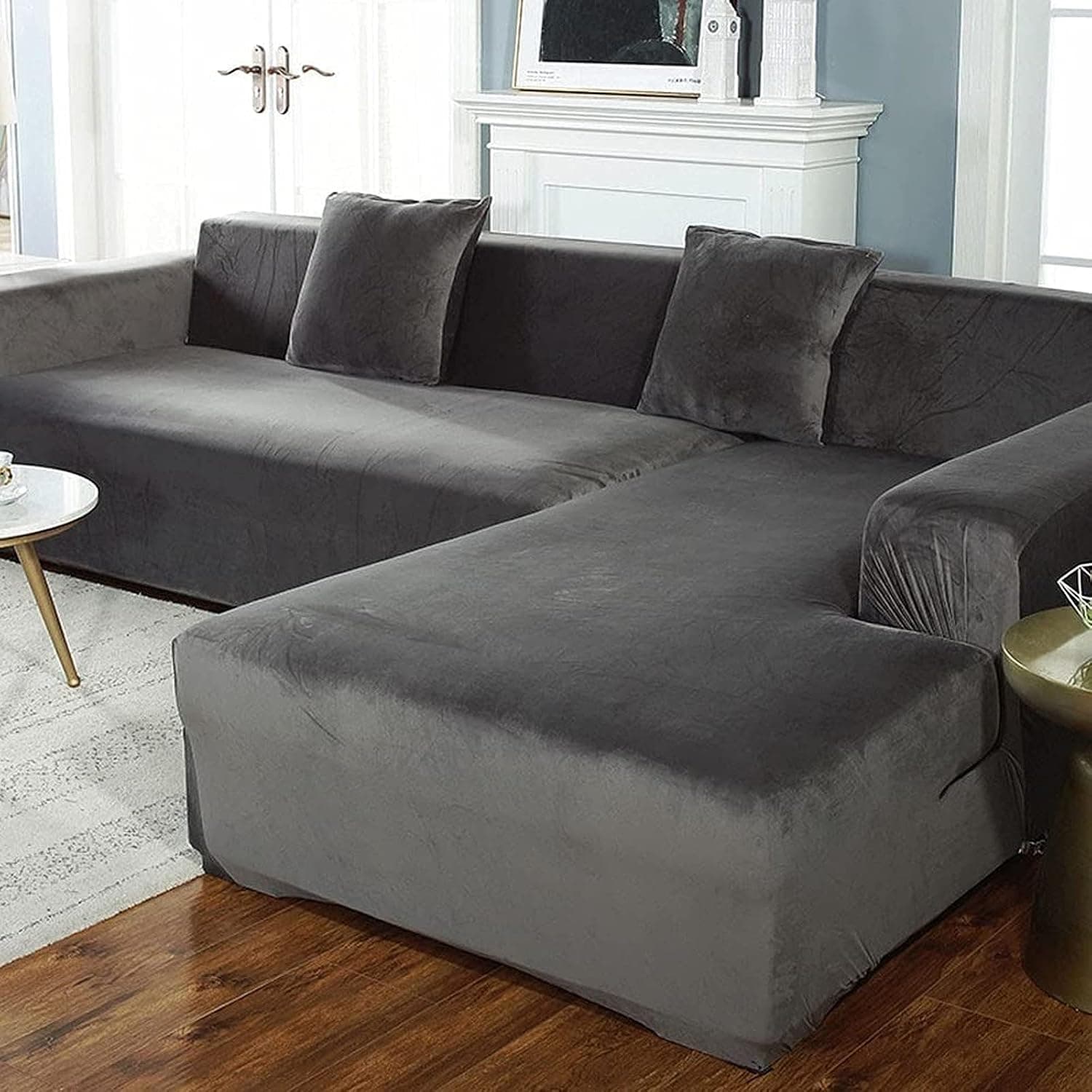 HOMEJYMADE Velvet Thick Stretch Sofa Cover,1 Piece Solid Color Sofa Slipcover Plush Sofa Protector for Couch L-Shaped Sectional Sofa (Gray,4-Seat(235-300cm)),Grey,4-Seat (235-300 cm)