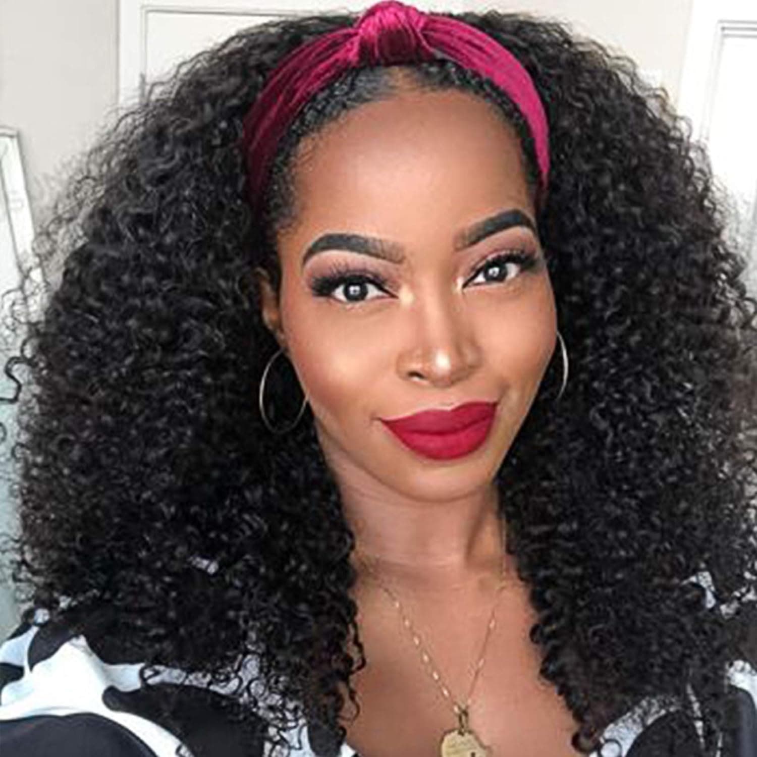 catti Headband wig Human Hair Headband Wigs for Black Women Brazilian Virgin Human Hair Wigs Glueless Curly Wave Headband Wig 150% Density (16 Inch)