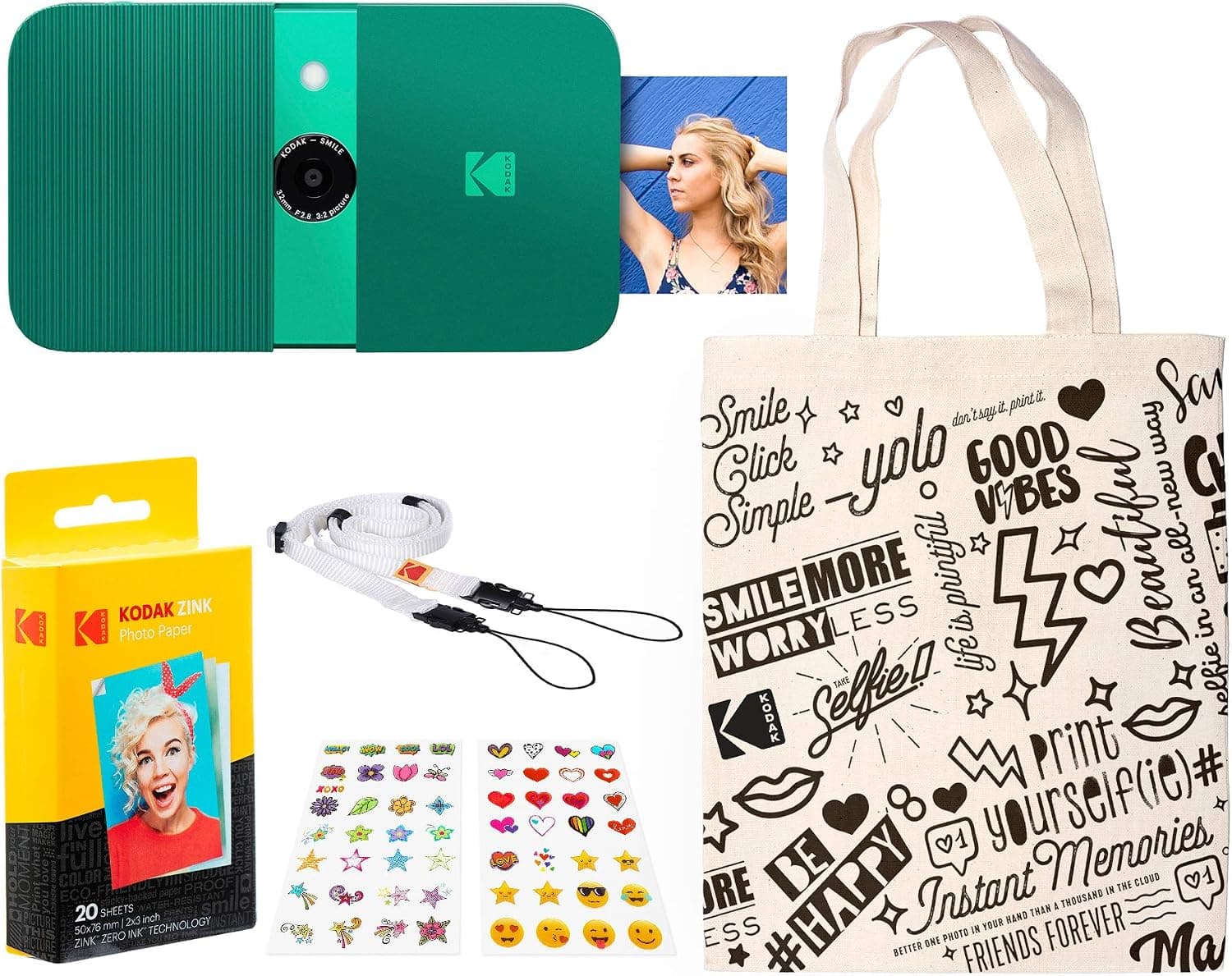 KODAK Smile Instant Print Digital Camera (Green) Travel Kit