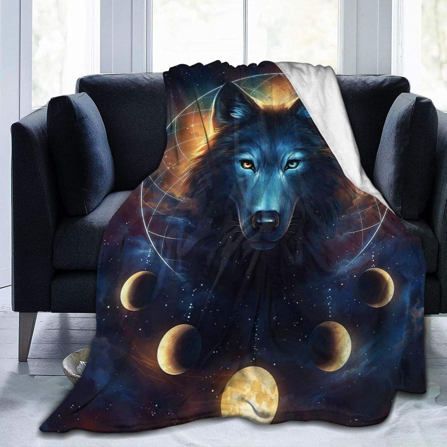 Fantasy Wolf Moon Galaxy Flannel Fleece Throw Blanket - Funny Crazy Lightweight Microfiber Decor Blanket, Soft, Cozy, Warm, Perfect for Bed Sofa, 50"x60"
