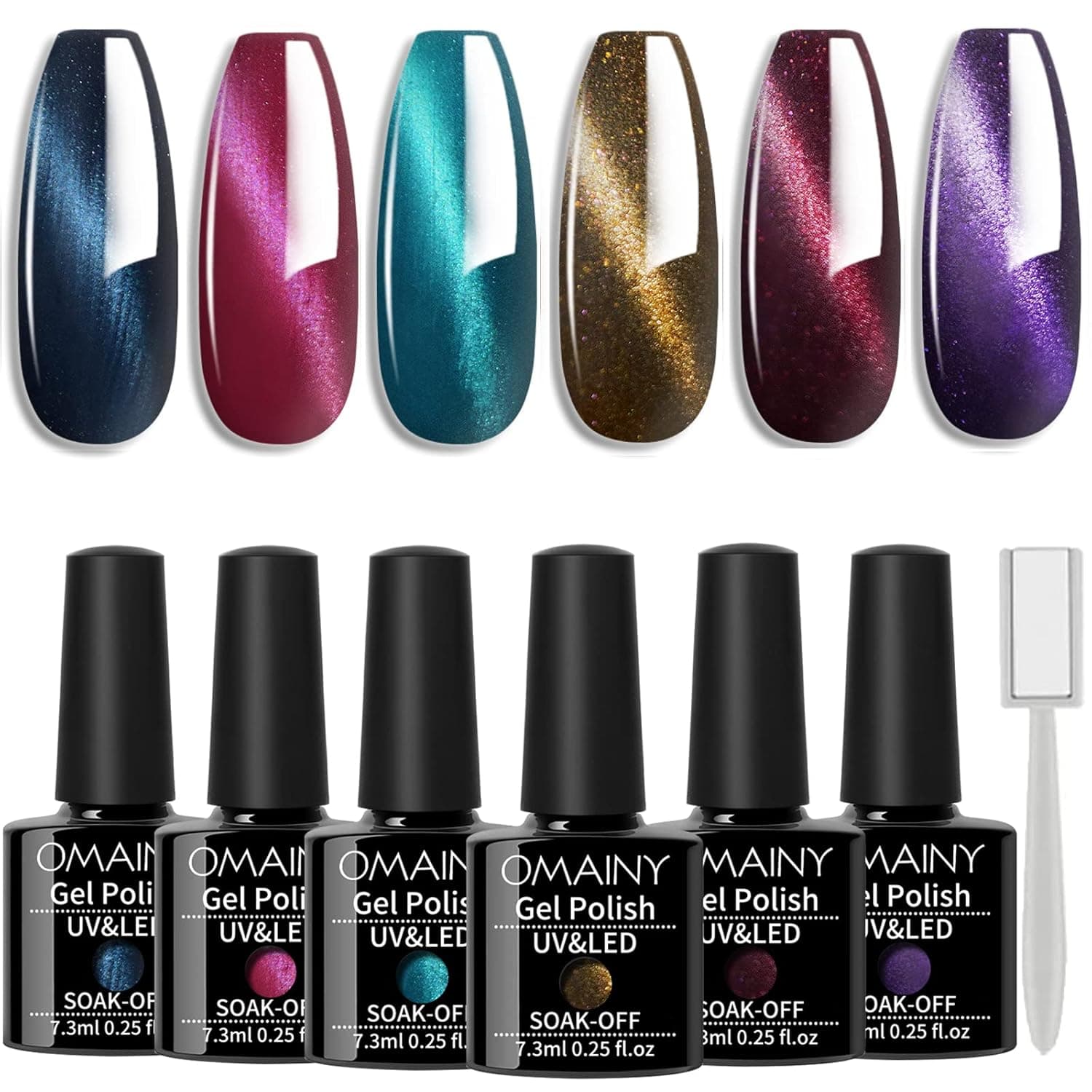 Omainy Cat Eye Gel Nail Polish Set,Cat Eye Gel Polish With Magnet,Magnetic Gel Nail Polish With Magnet,Soak Off UV LED Nail Art,Cat Eye Nail Polish Set With Magnet (6MY-001)
