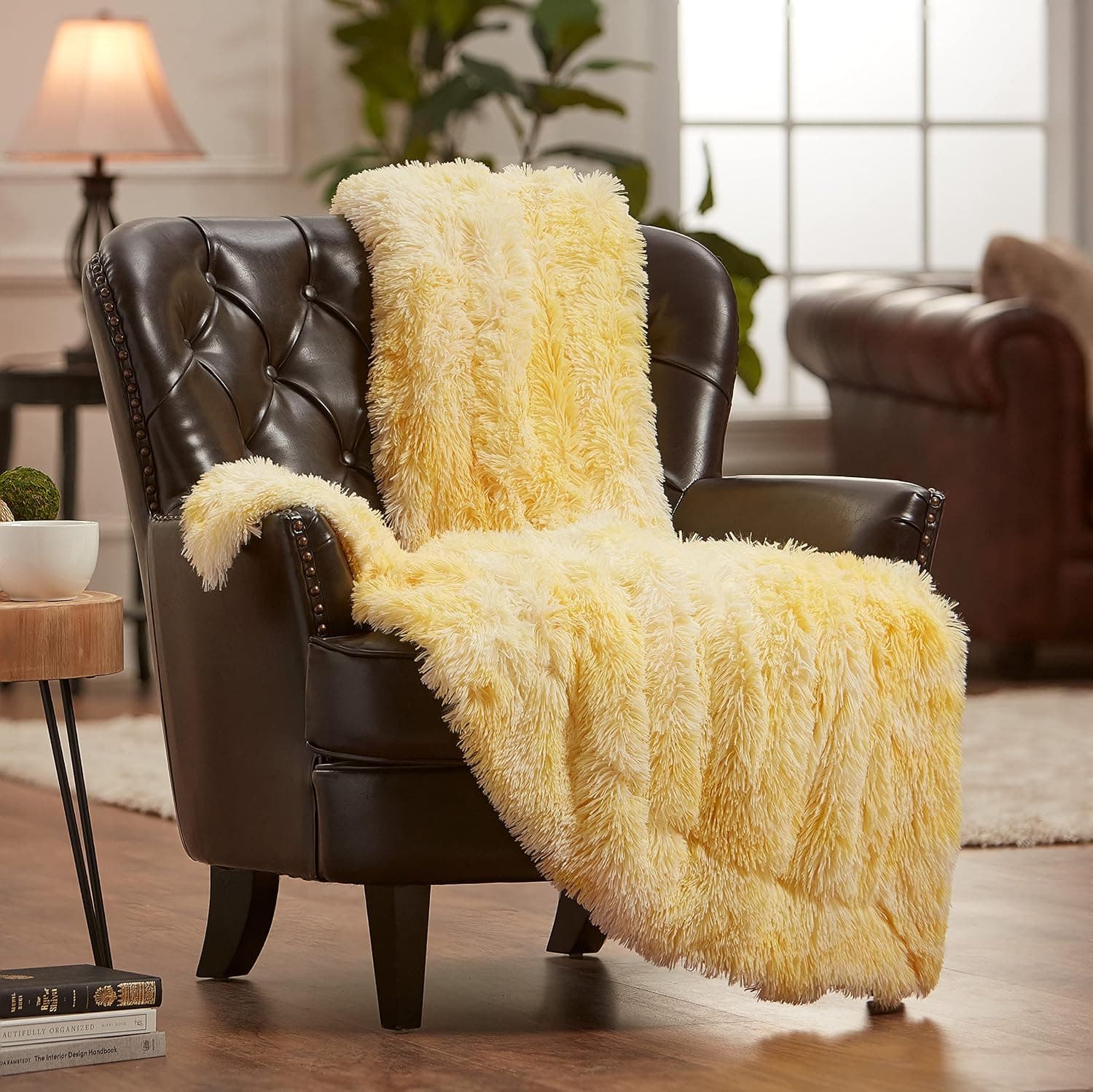 Chanasya Wolf Faux Long Fur Throw Blanket - Soft, Fuzzy Throw Blanket - for Bed or Couch - 50" x 65” - Yellow