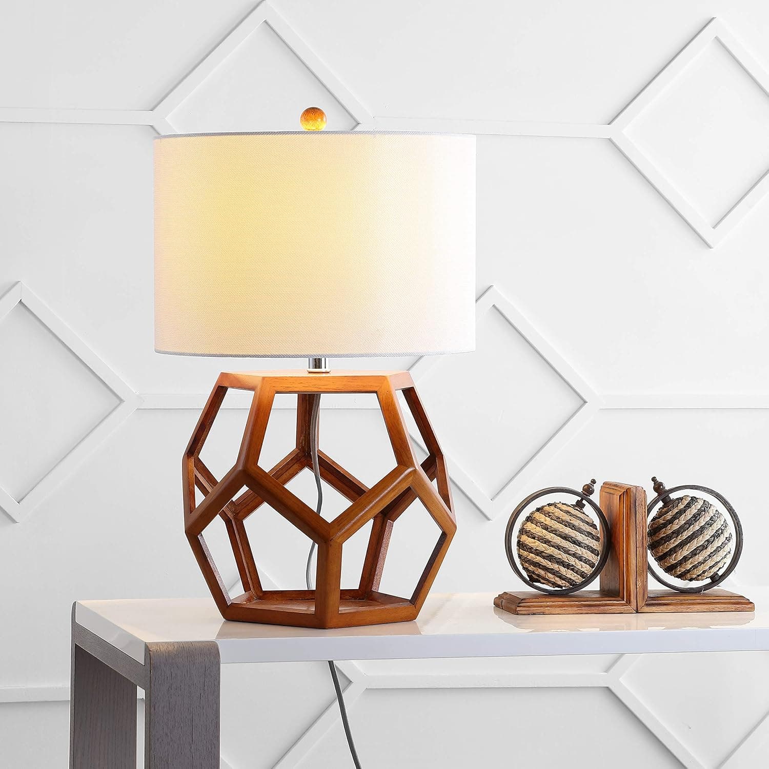 SAFAVIEH Lighting Collection Delaney Modern Rustic Farmhouse Brown Geometric 24-inch Bedroom Living Room Home Office Desk Nightstand Table Lamp (LED Bulb Included)