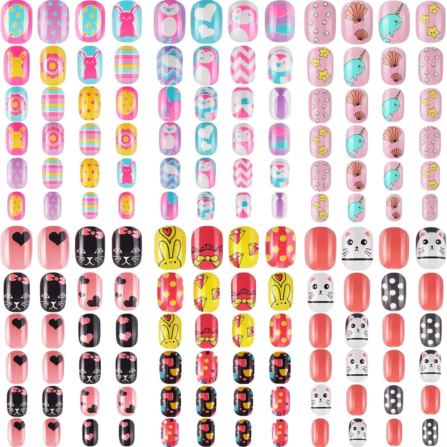 140 Pieces Children Nails Kids False Nails Girls Cartoon Press on Fake Nails Colorful Pre-Glue Full Cover Nails Cute Short Acrylic Artificial Nail Tips Kits for Kids (Animal)