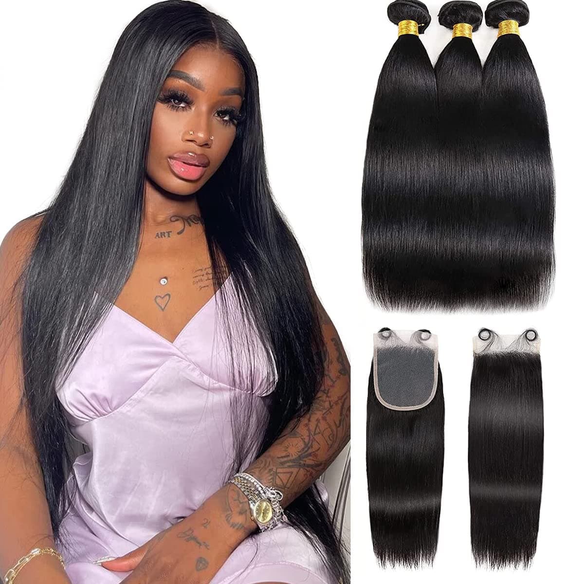 Gabrielle (16 18 20+14 Inch) Brazilian Remy Human Straight Hair Bundles With Lace Closure 4x4 Free Part 7A+ 100% Unprocessed Brazilian Virgin Human Hair Weave Extensions Natural Color Total 330g