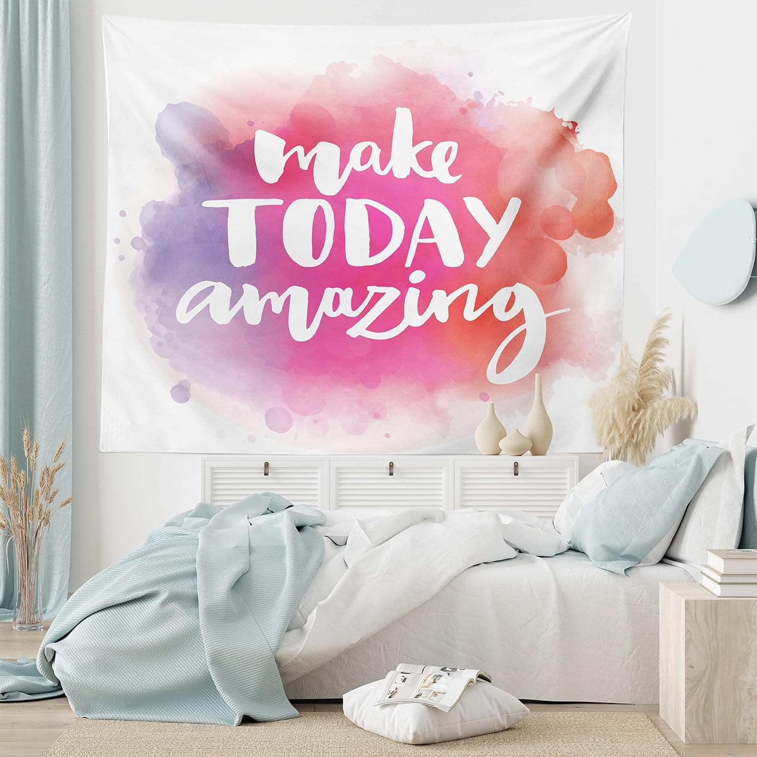 Lunarable Saying Tapestry, Make Today Inspirational Words Colorful Watercolor Splash Background, Fabric Wall Hanging Decor for Bedroom Living Room Dorm, 45" X 30", Lavender Pink