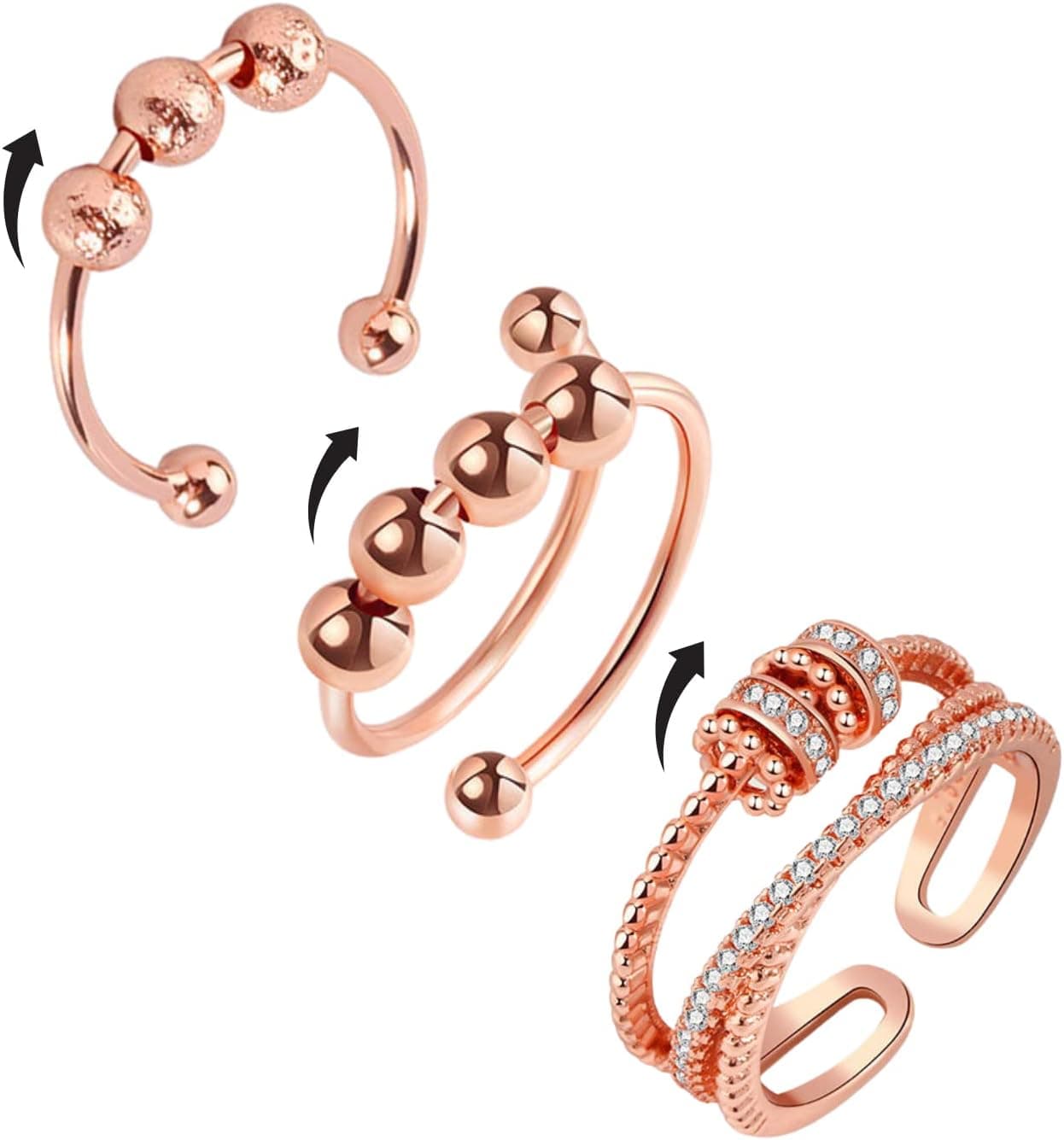 VUDECO 3PCs Spinner Ring Fidget Ring Anxiety Ring for Women Men Rose Gold Adjustable Open Stress Ring Anti Anxiety Relieving Fidget Rings Fidget Jewelry Stainless Steel for Teens Girls Kids