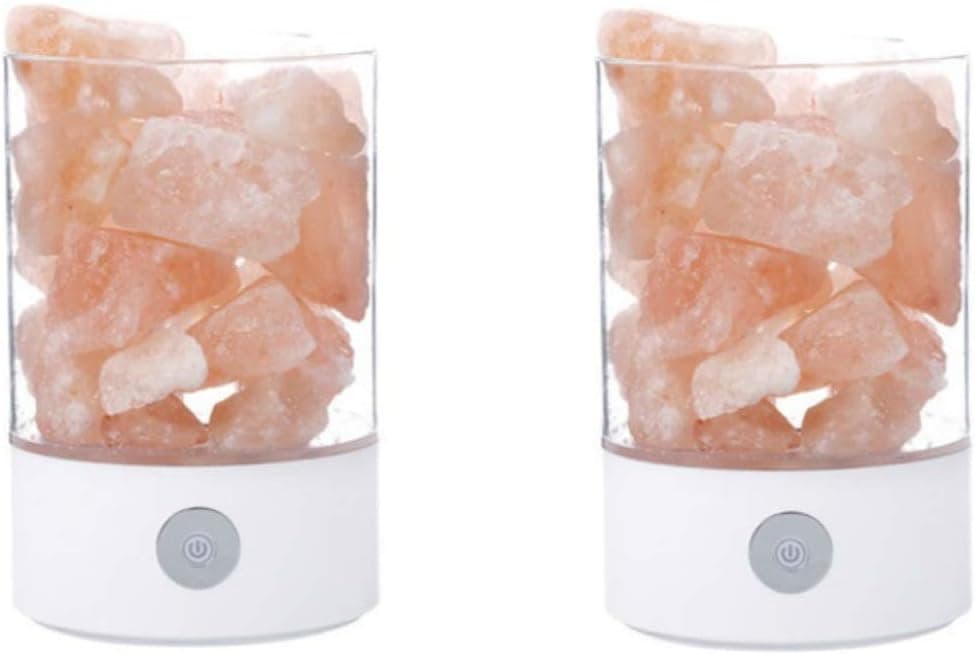 Pack of 2 Himalayan Pink Salt Glass Desk Table Lamp USB Plug, All Natural Mineral Crystal, Cleansing Detox Benefits, Ideal Gift for Home Night Light Bedside Bathroom Decorative Lighting (Round, White)